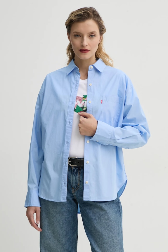 Levi's camicia in cotone HARLIE NEW BF SHIRT lunga blu 001HM
