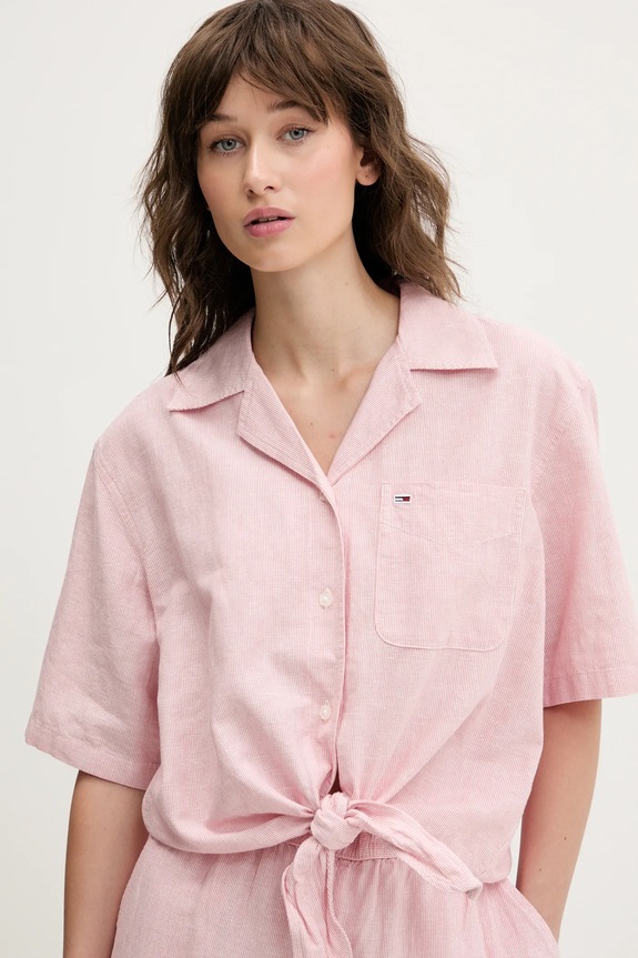 Tommy Jeans cămașă din amestec de in roz DW0DW20286