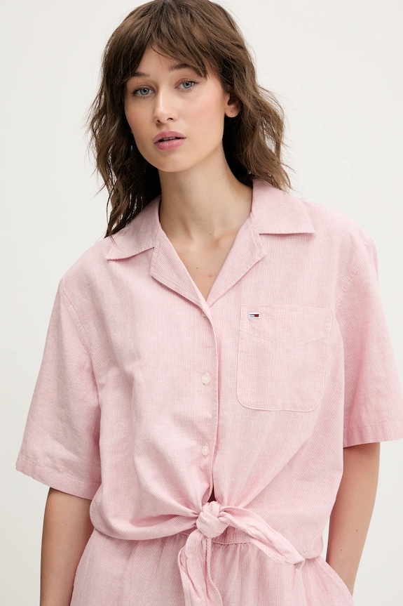 Tommy Jeans cămașă din amestec de in roz DW0DW20286