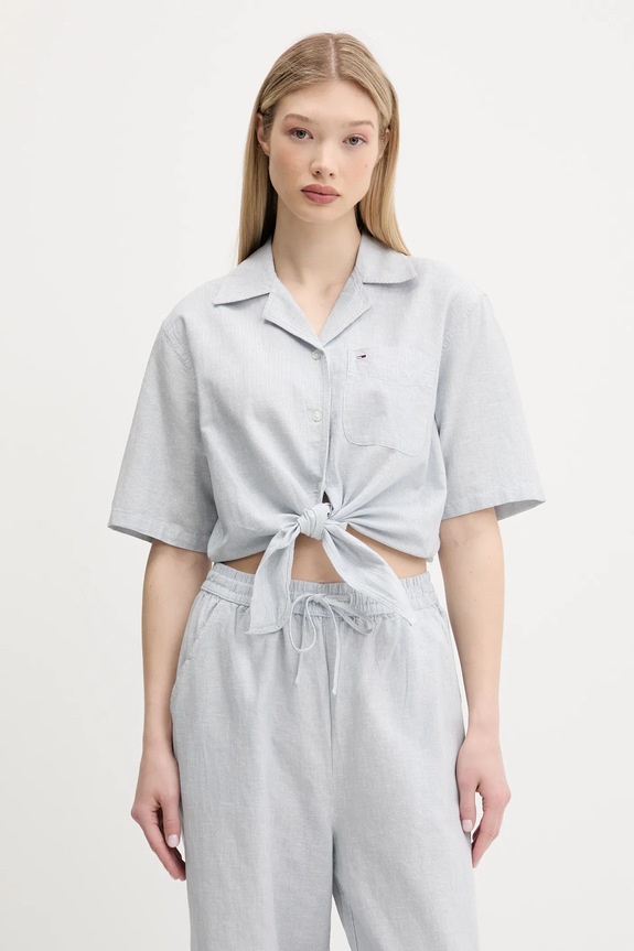 Tommy Jeans cămașă din amestec de in cu modele albastru DW0DW20286