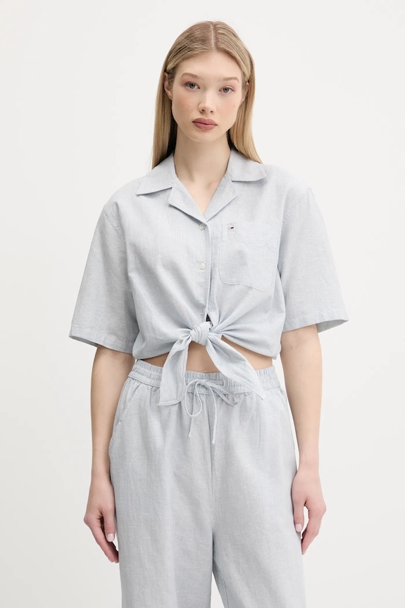Tommy Jeans cămașă din amestec de in cu modele albastru DW0DW20286