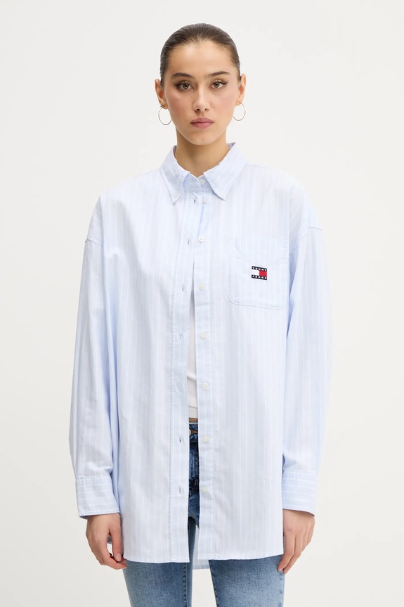 Bombažna srajca Tommy Jeans Dolg modra DW0DW20289