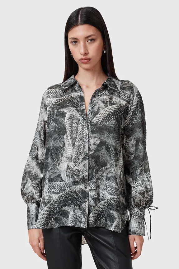 Košeľa s prímesou hodvábu AllSaints LEYLA zvieracia potlač sivá W042PC