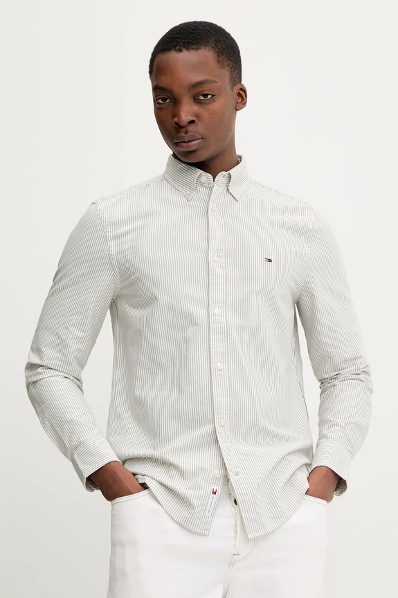 Bavlnená košeľa Tommy Jeans pásiky zelená DM0DM20668