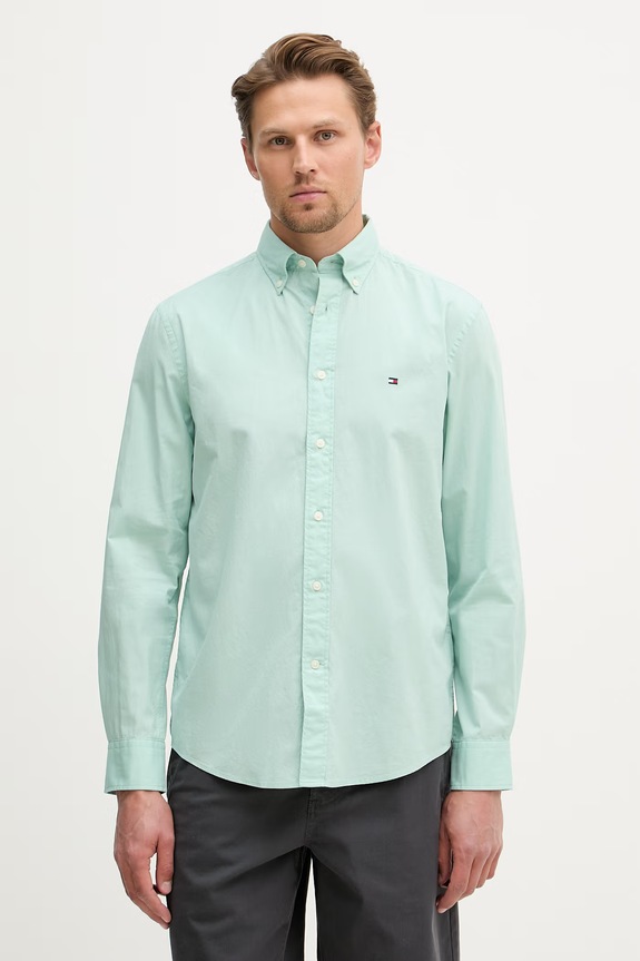 Tommy Hilfiger πουκάμισο ανδρικό βαμβακερό τιρκουάζ MW0MW37550