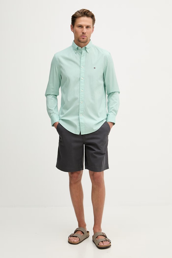 Tommy Hilfiger πουκάμισο ανδρικό βαμβακερό MW0MW37550 τιρκουάζ SS26