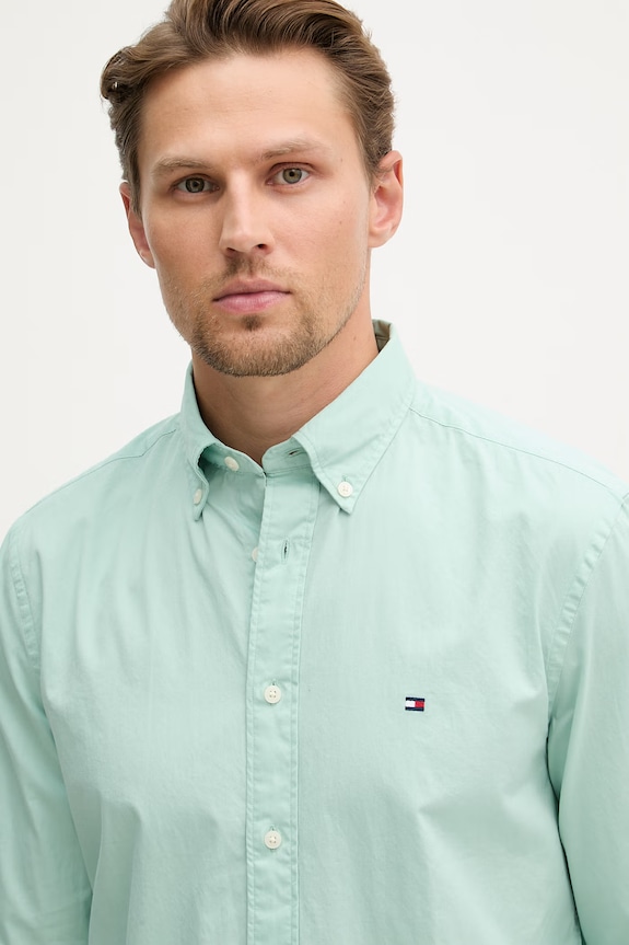 Tommy Hilfiger πουκάμισο ανδρικό βαμβακερό τιρκουάζ MW0MW37550