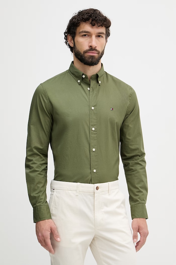 Tommy Hilfiger πουκάμισο ανδρικό βαμβακερό πράσινο MW0MW37550