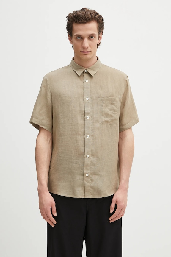 A.P.C. camicia di lino chemisette bellini logo rilassato verde LIAEK.H12551
