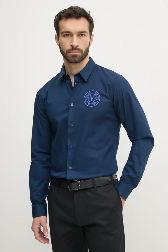 Βαμβακερό πουκάμισο Versace Jeans Couture μακρύ σκούρο μπλε 78GALYS1.CN002