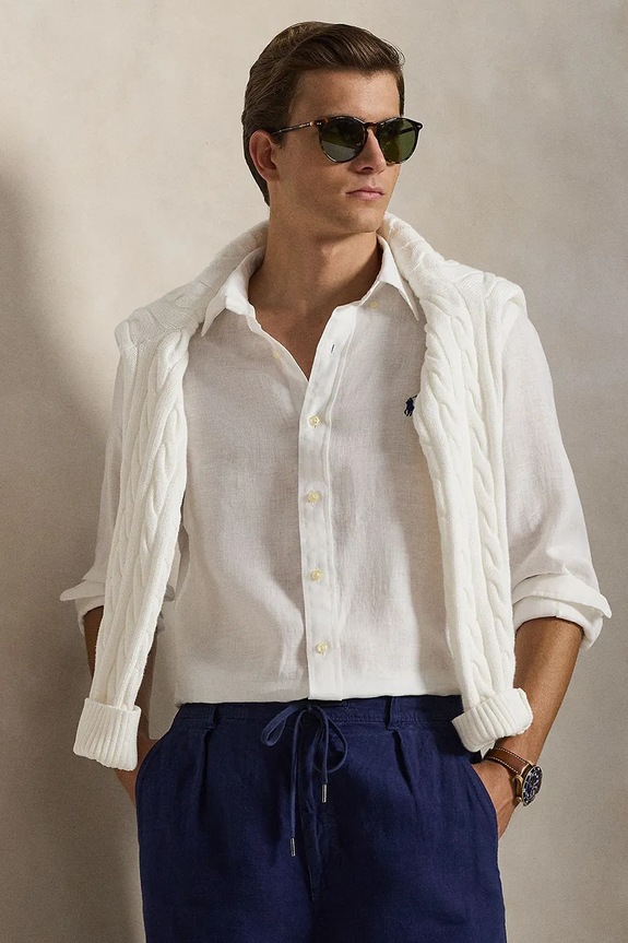 Ľanová košeľa Polo Ralph Lauren Long Sleeve Sport Shirt jednofarebný biela 710966294