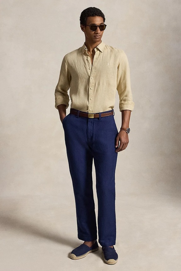 Одежда Polo Ralph Lauren рубашка для мужчин из льна Long Sleeve Sport Shirt 710966294 зелёный