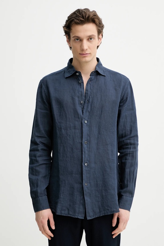Lněná košile BARENA VENEZIA Camicia Mola hladký námořnická modř CAU5077.3007