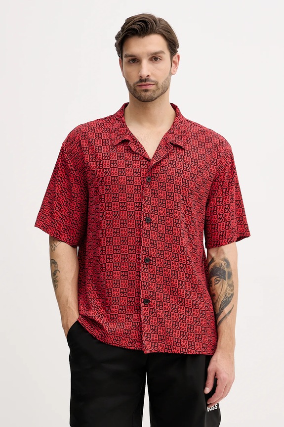 HUGO plážová košeľa pánska BEACH SHIRT RELAXED červená 50540065