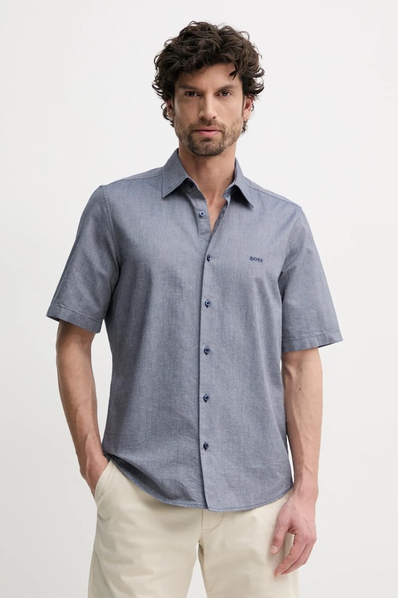 Bombažna srajca BOSS Orange Brez vzorca mornarsko modra 50537332