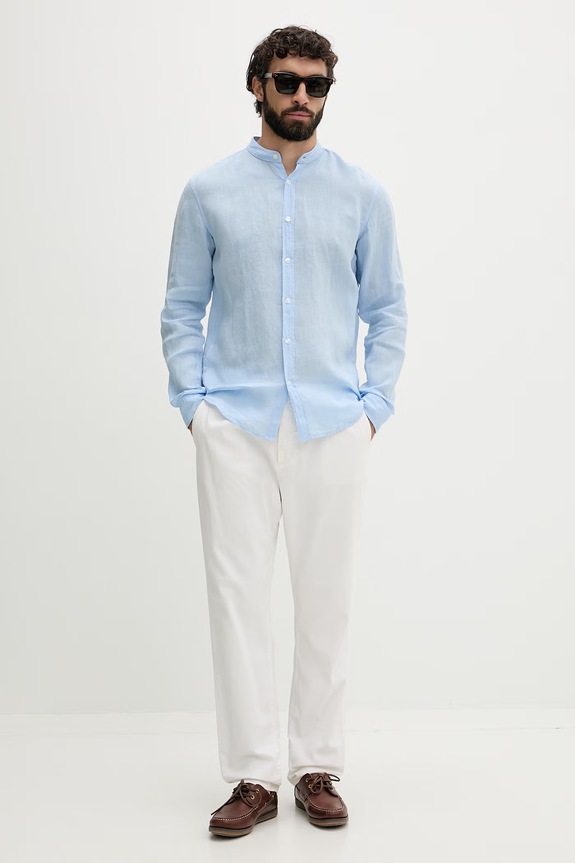 BOSS Orange košeľa pánska ľanová 50537369 modrá SS26