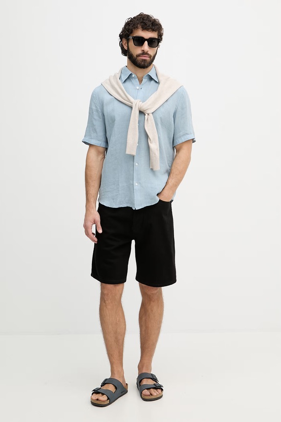 BOSS Orange košeľa pánska ľanová 50537382 modrá SS26