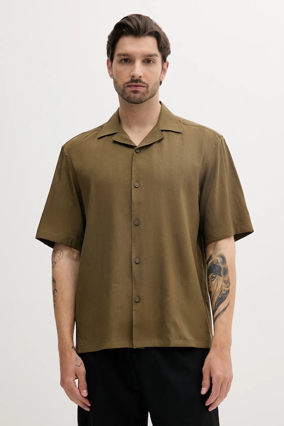 BOSS cămașă de in scurt verde 50539918