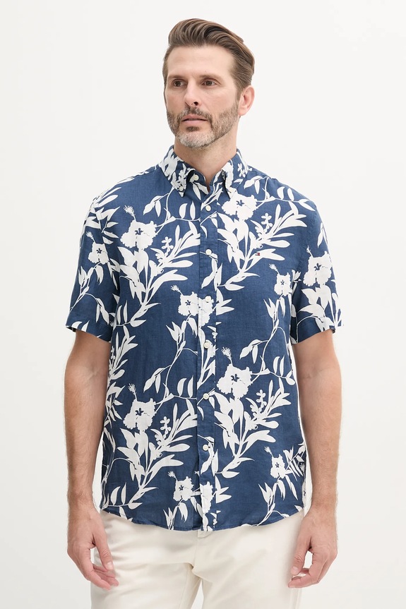 Tommy Hilfiger cămașă de in cu modele bleumarin MW0MW38586