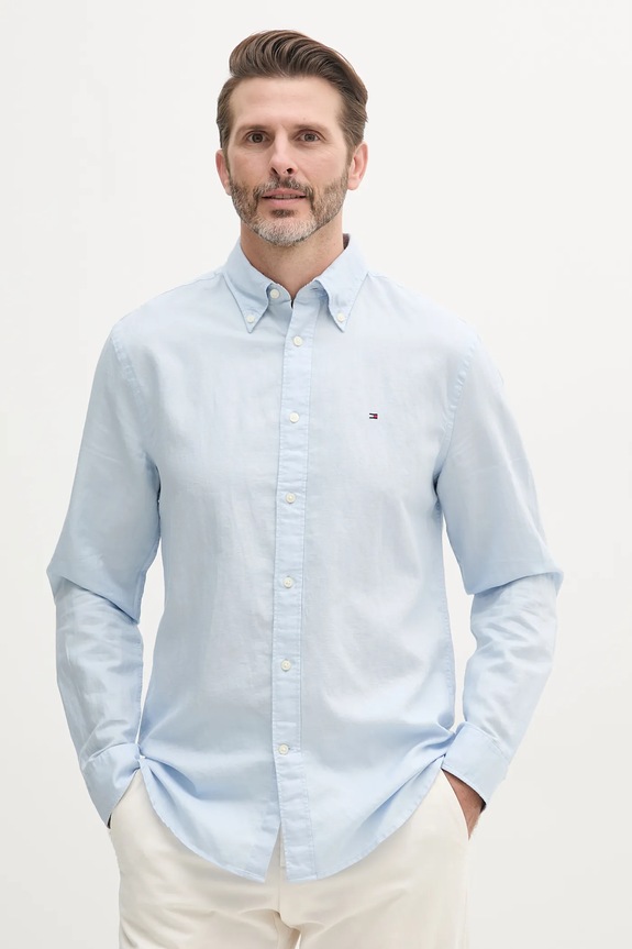 Košeľa s prímesou ľanu Tommy Hilfiger jednofarebný modrá MW0MW40702