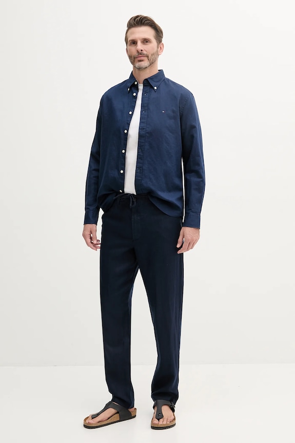 Košeľa s prímesou ľanu Tommy Hilfiger MW0MW40702 tmavomodrá SS25