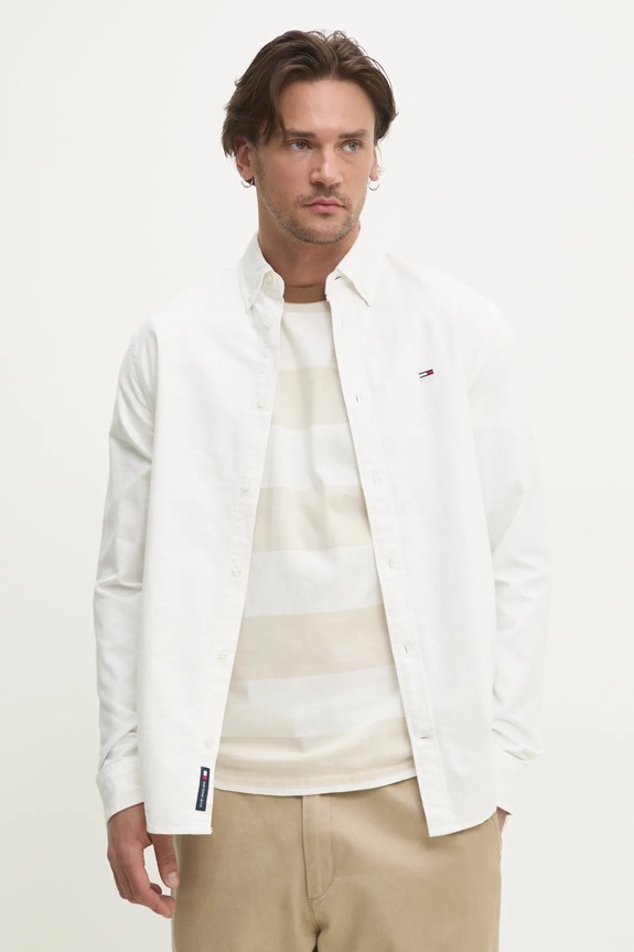Βαμβακερό πουκάμισο Tommy Jeans μακρύ λευκό DM0DM21298