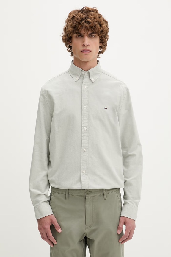 Tommy Jeans košeľa pánska bavlnená zelená DM0DM21298