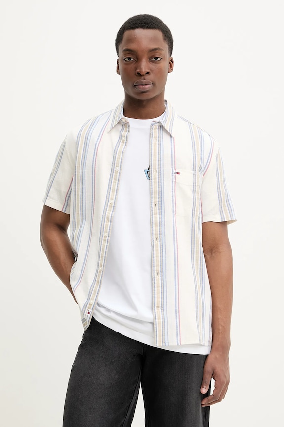 Bombažna srajca Tommy Jeans Vzorčasti bež DM0DM21302