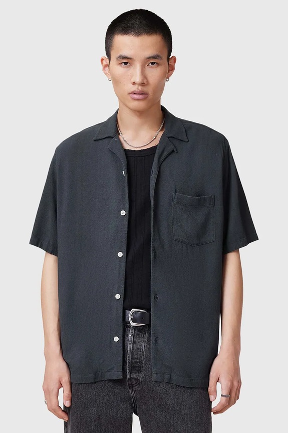AllSaints camasa din amestec de in CUDI scurt albastru M052SC