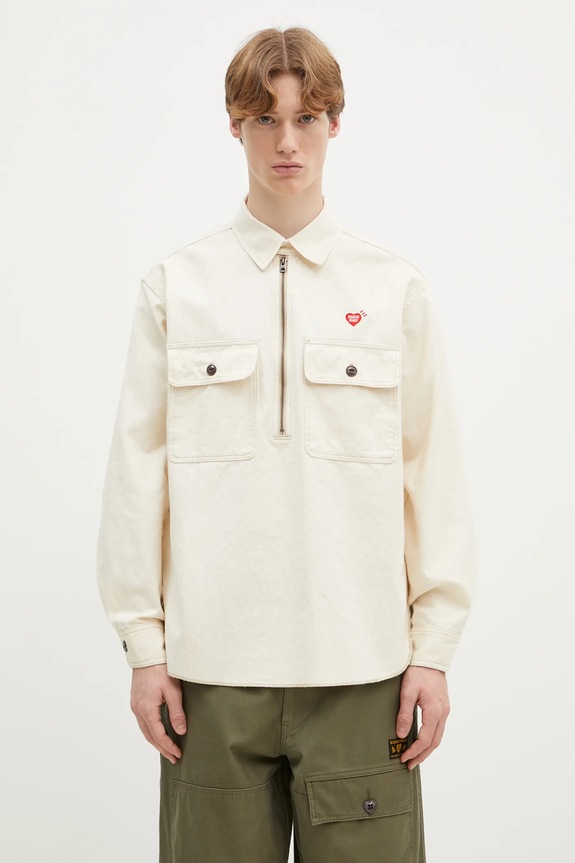 Памучна риза Human Made Zip-Up Work Shirt свободна бежов HM29SH002