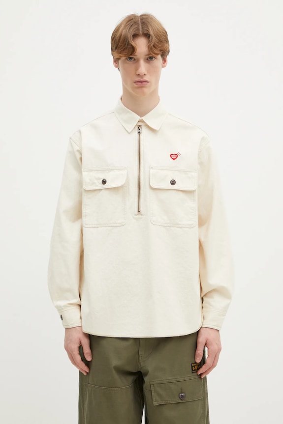 Памучна риза Human Made Zip-Up Work Shirt свободна бежов HM29SH002