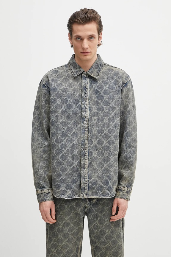 Daily Paper cămașă din bumbac Shield Laser Denim Shirt lung albastru 2511154