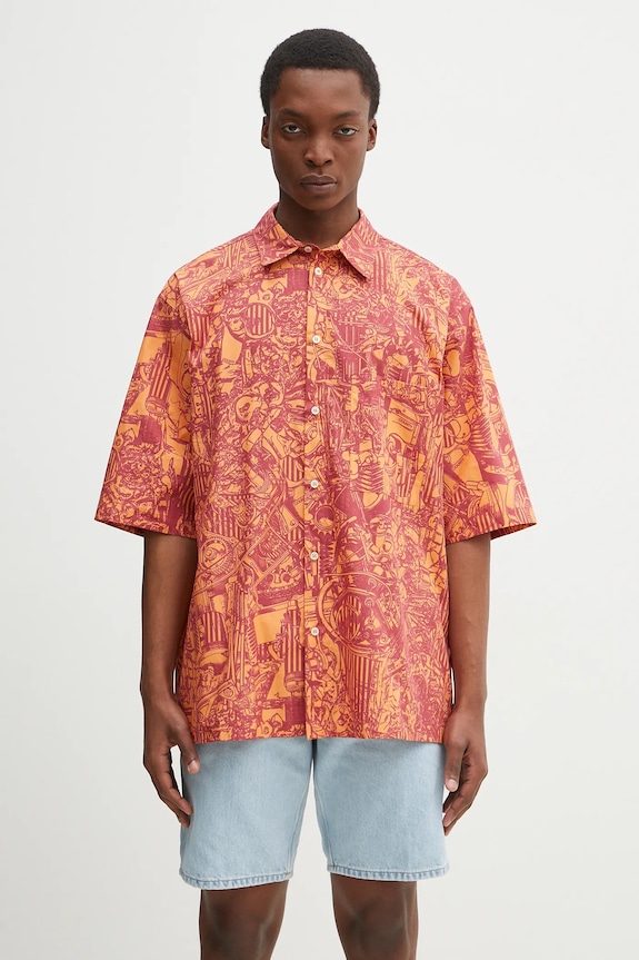Хлопковая рубашка Marcelo Burlon Aop Mech Bowling Shirt Orange Burgundy узор оранжевый CMGG002S25FAB0012028