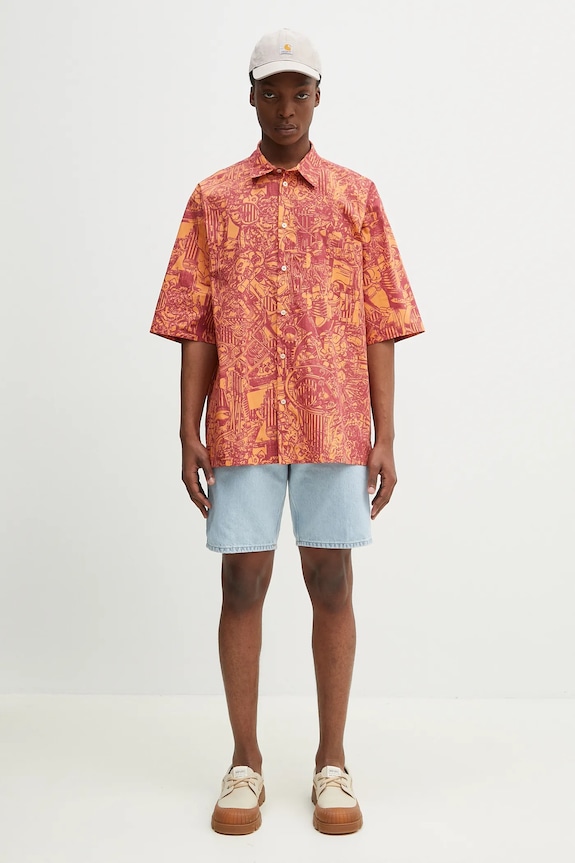 Памучна риза Marcelo Burlon Aop Mech Bowling Shirt Orange Burgundy CMGG002S25FAB0012028 оранжев