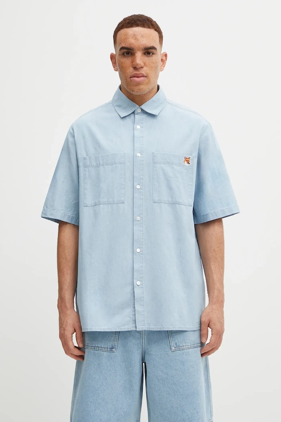 Maison Kitsuné cotton shirt Relaxed Short Sleeve classic blue OM00424WC5006