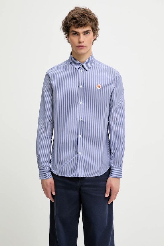 Maison Kitsuné koszula bawełniana Fox Head Classic Striped wzorzyste granatowy MM00411WC2046