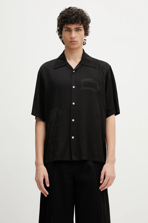 Aries cămașă Ancient Column Satin Viscose Hawaiian Shirt scurt negru AR4080003