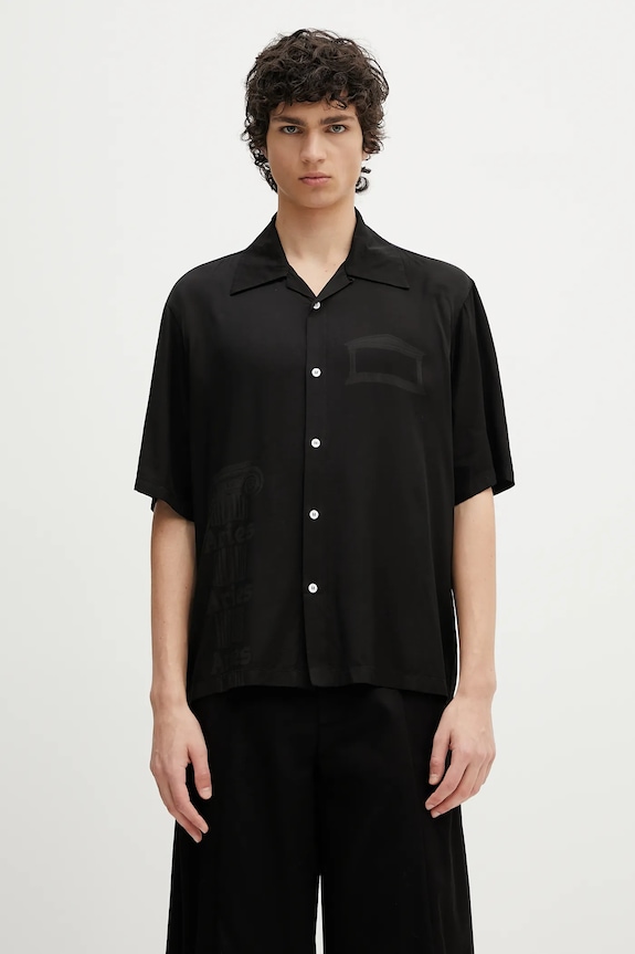 Aries cămașă Ancient Column Satin Viscose Hawaiian Shirt scurt negru AR4080003