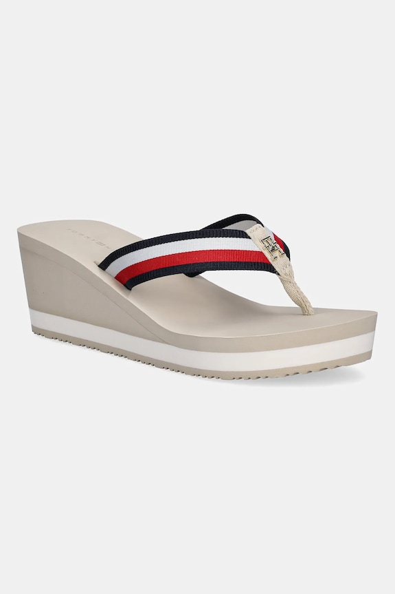 Šľapky Tommy Hilfiger TH CORPORATE WEDGE BEACH SANDAL klinový béžová FW0FW08520