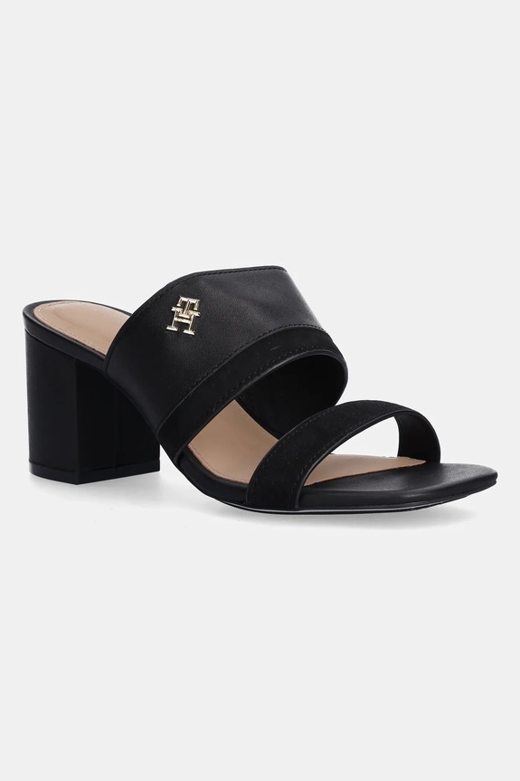 Tommy Hilfiger slapi de piele LEATHER & SUEDE BLOCK HEEL MULE gros negru FW0FW08530