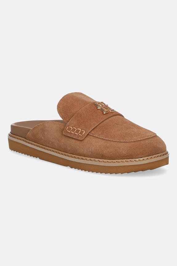 Велурени чехли Tommy Hilfiger SUEDE CLOSED TOE MULE равен кафяв FW0FW08583