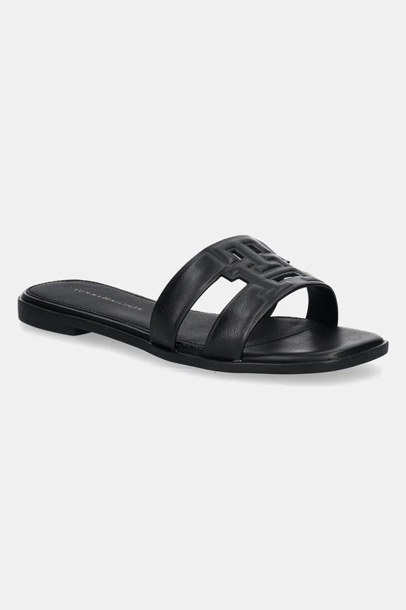 Tommy Hilfiger papuci cu toc plat de damă din piele TH LOGO STRAP MULE piele negru FW0FW08671