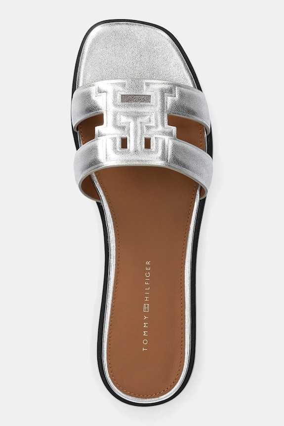 Παπούτσια Δερμάτινες παντόφλες Tommy Hilfiger TH LOGO STRAP METALLIC MULE FW0FW08676 ασημί