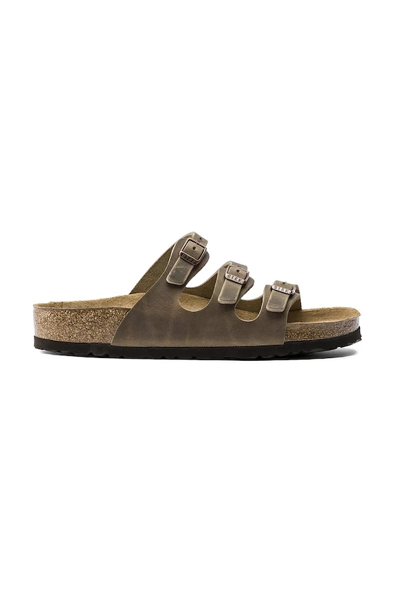 Birkenstock klapki skórzane Florida SFB płaski zielony 1011432.Tabacco