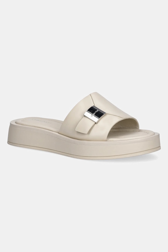 Δερμάτινες παντόφλες Calvin Klein FLATFORM SLIDE W/CK HW - LTH ίσια πλατφόρμα μπεζ HW0HW02368