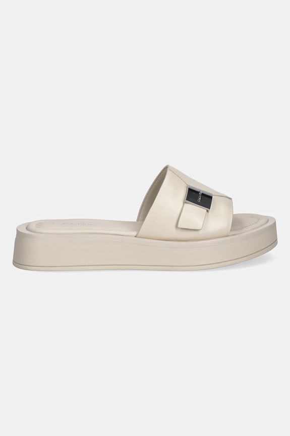 Δερμάτινες παντόφλες Calvin Klein FLATFORM SLIDE W/CK HW - LTH HW0HW02368 μπεζ SS25