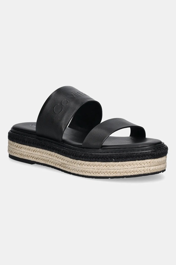 Kožené pantofle Calvin Klein FLATFORM WEDGE SLIDE - HE přírodní kůže černá HW0HW02374