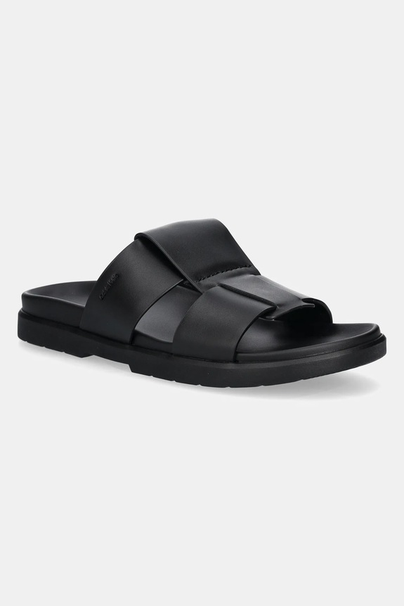 Calvin Klein ciabatte slide LUG SANDAL DOUBLE T LTH pelle fiore nero HM0HM01734