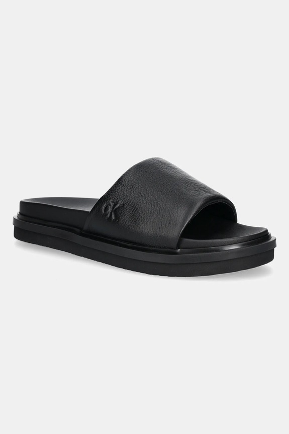 Calvin Klein Jeans papucs FLAT MOLDED SLIDE SANDAL LTH nappa bőr fekete YM0YM01225