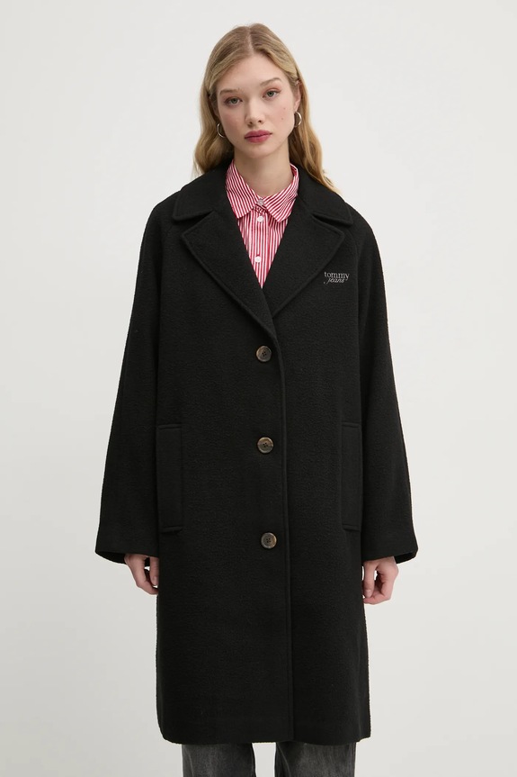 Kabát s prímesou vlny Tommy Jeans bez kapucne čierna DW0DW20166